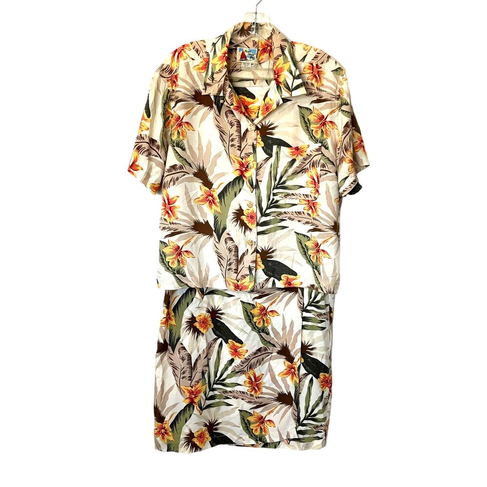 Vintage Pearl Head Bay Wms 10 Tropical Print 100% Silk Skirt Blouse Set Hawaiian